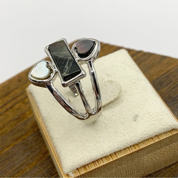 Abalone double heart ring silver tone NEW sz 8 - Picture 3 of 7